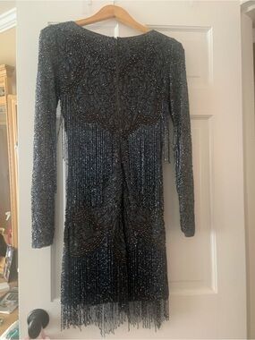 Beaded Long-Sleeve Fringe Party Dress - Black